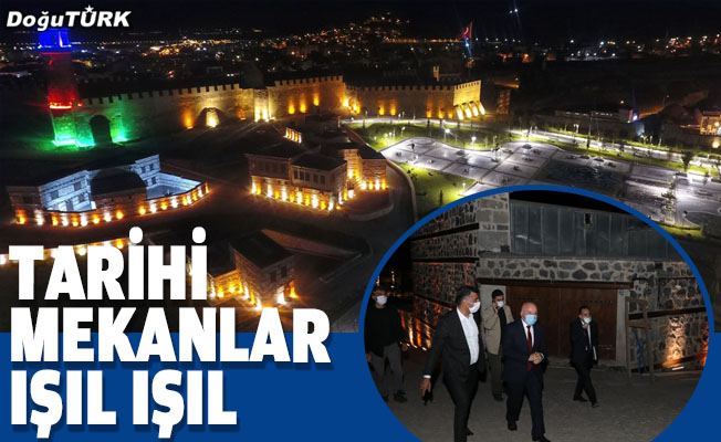 Erzurum'un tarihi mekanları gece ışıklandırma sistemiyle renklendi